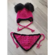 Háčkovaná čepička a šátek,  tmavý cyklámen, vel. 39 cm
