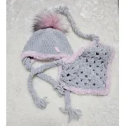 Háčkovaná čepička a šátek, šedo-růžová, 36-38 cm
