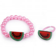Dětský náramek a prstýnek sada, růžová světlá - meloun