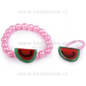 Dětský náramek a prstýnek sada, růžová světlá - meloun